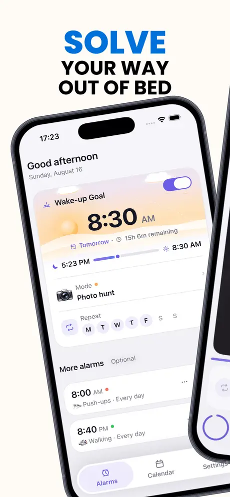 Panel de alarmas de EarlyUp con objetivo de despertar, misión y días de repetición