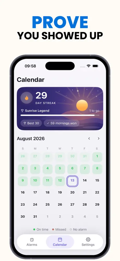 Calendario de rachas con 29 días seguidos y 59 mañanas ganadas